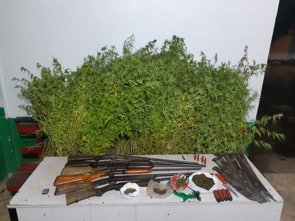 Armas de fogo e por&ccedil;&otilde;es de entorpecente foram encontradas durante a&ccedil;&atilde;o da PM &mdash; Foto: Divulga&ccedil;&atilde;o/10&ordf; CIPM